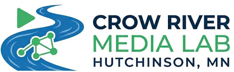 A stylized blue river flows through the icon, symbolizing connectivity and flow. It features a green triangle (play button/media creation) and a green network graph (digital connectivity/engineering). Adjacent text includes 'CROW RIVER MEDIA LAB' and 'HUTC