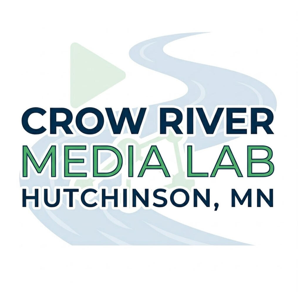 A stylized blue river flows through the icon, symbolizing connectivity and flow. It features a green triangle (play button/media creation) and a green network graph (digital connectivity/engineering). Adjacent text includes 'CROW RIVER MEDIA LAB' and 'HUTC